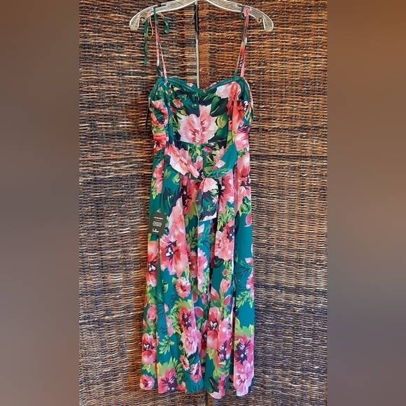 Lulus Women's XL Floral Chiffon Pleated Romantic Sweetheart Neck Midi Dress Tea - Picture 8 of 11